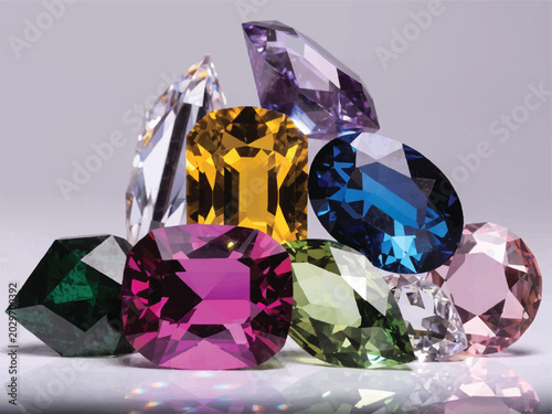 Colorful gemstones jewels precious stones crystals minerals collection on gray background
