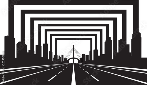 Tableau sur toile City skyline with a road leading towards a suspension bridge and geometric tunne