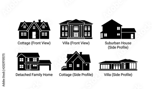 Tableau sur toile Black residential home silhouette vector collection with cottages villas and sub