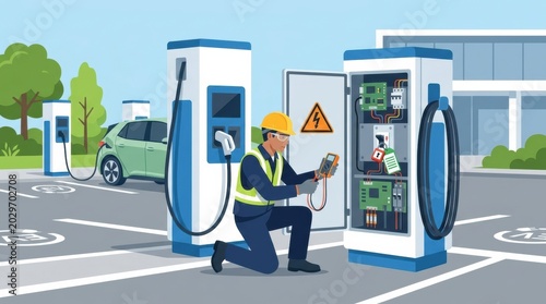 An electrician is servicing an electric vehicle charging station in a parking area.