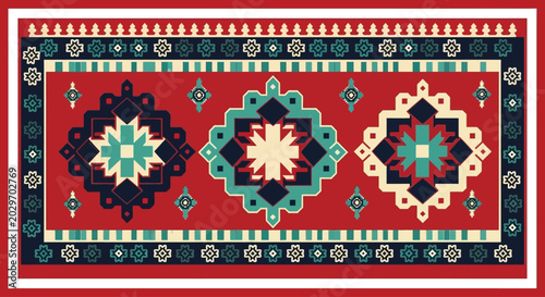 Flat vector illustration of ornamental geometric rug pattern with red background and teal accents