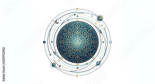 Fotografía Abstract Celestial Sphere with Orbiting Planets and Stars.