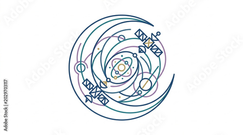 Schilderij op canvas Abstract Circular Design with Celestial Bodies and Satellites.