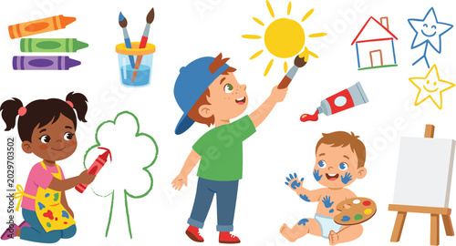 Cute Cartoon Creative Kids Painting and Drawing Vector Set with Happy Diverse Children Baby Artists Using Crayons Brushes and Easel Elements