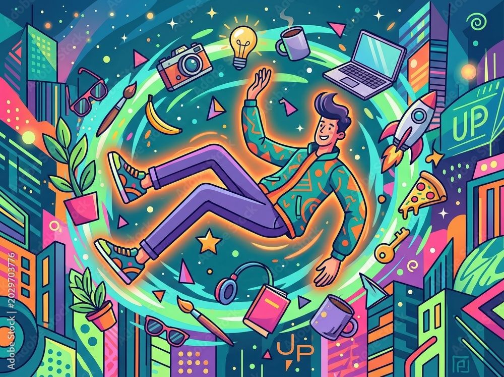 Fototapeta premium Vibrant digital nomad: exploring creativity and innovation in a whimsical urban landscape