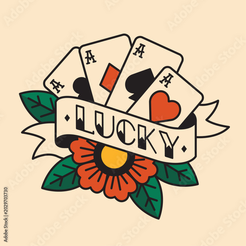 School Lucky Poker Cards and Flower Tattoo Design