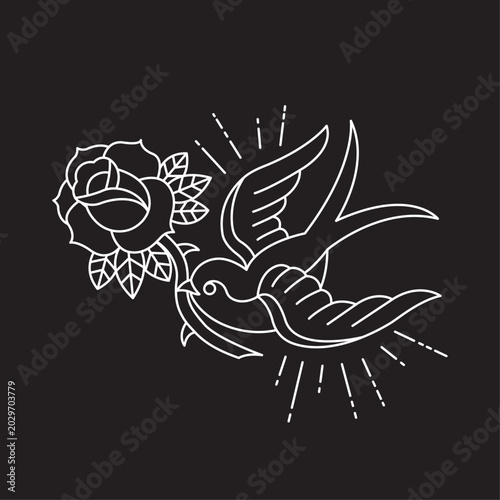 Tableau sur toile Chalkboard Style White Line Swallow Bird and Rose Tattoo