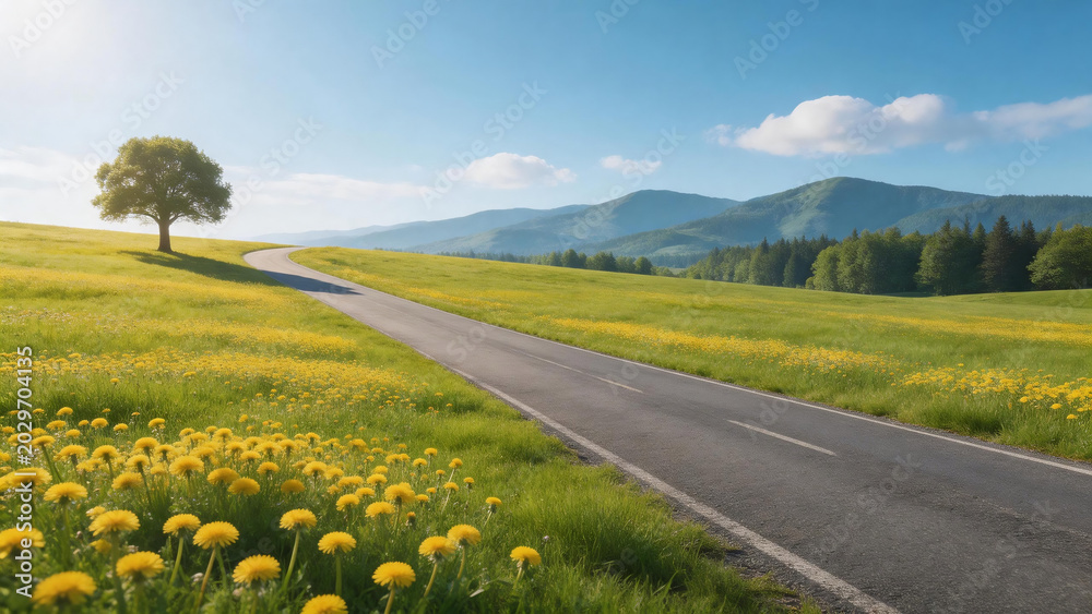 Naklejka premium Winding rural asphalt road through dandelion-filled green meadow with solitary tree and mountain horizon, ideal for travel, wellness, and corporate branding visuals
