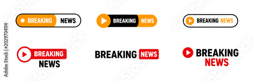 Breaking News Banner Collection With Media Alert And Broadcast Interface Labels. Live Breaking News Headlines Set Featuring Streaming And Television Announcement Elements