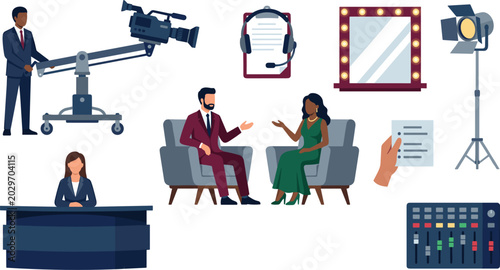 Bild auf Leinwand Television Studio Interview and Talk Show Vector Set featuring Presenters News A