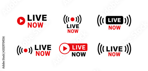 Live Now Streaming Icons Collection With Broadcast Signal Symbols and Play Button Elements. Live Broadcast Badge Set Featuring Online Streaming Indicators and Modern Media Interface Design