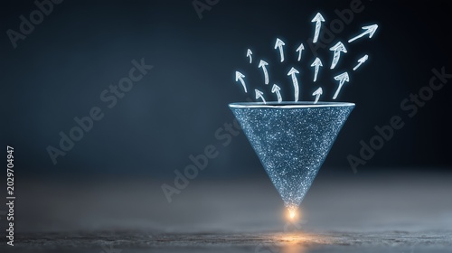 Inverted funnel glowing with arrow flow symbolizing funnel research and conversion optimization, light source and particle effect representing data insight and traffic movement.