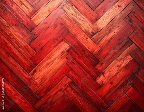 A chevron-patterned floor made of reddish-brown wooden planks