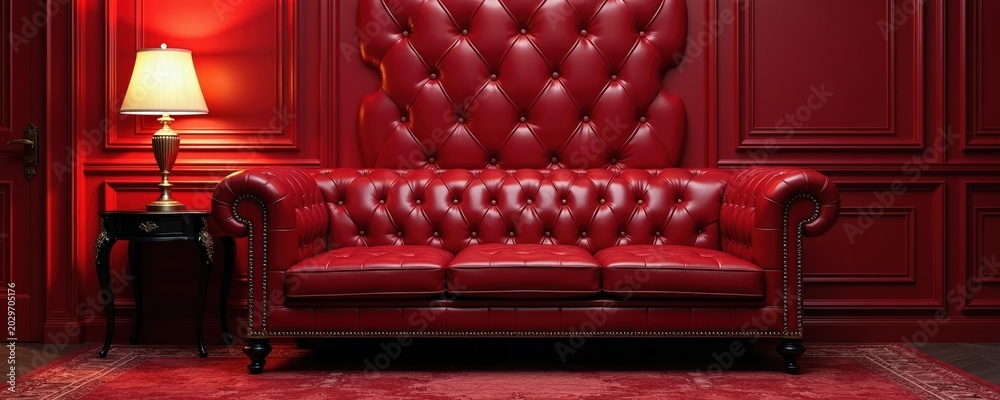 Fototapeta premium Red leather tufted sofa sits in luxurious room. Classic Chesterfield furniture with side table lamp provides warm ambiance. Elegant interior design for rich home decor.