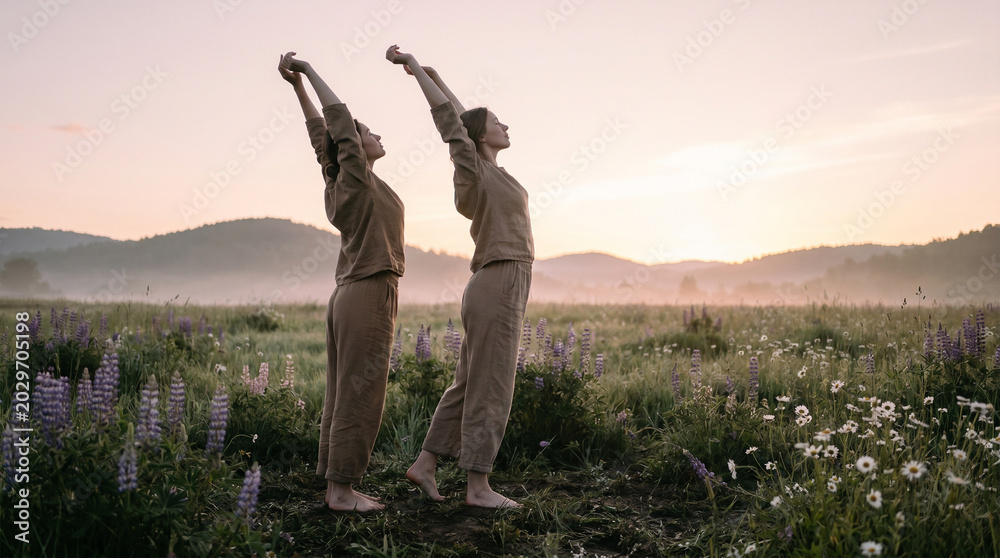 Fototapeta premium A barefoot woman stands in a dewy meadow at spring equinox dawn, arms outstretched toward pale pink light breaking over hills, wildflowers b 2