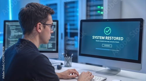 Computer programmer successfully completing data recovery process in high-tech server room. System restored message appearing on monitor screen during technical maintenance.