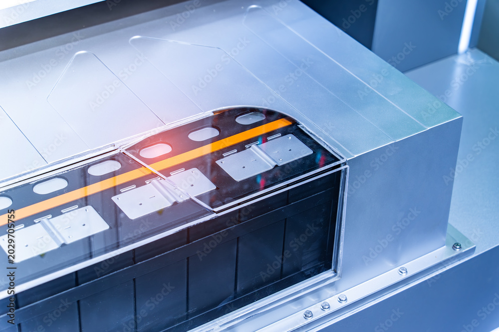 Fototapeta premium High-Tech Production of Lithium-ion Battery Pack Module for Electric Vehicles, Advanced EV Energy Storage System and Green Technology Manufacturing.
