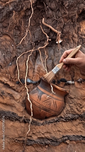 Archaeologist cleaning ancient clay pot during excavation. Researcher brushing dirt off ceramic vessel found in soil wall with roots.