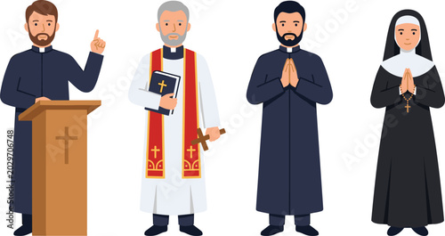Obraz na płótnie Christian Catholic Priest and Nun Character Vector Set with Clergy Preaching at