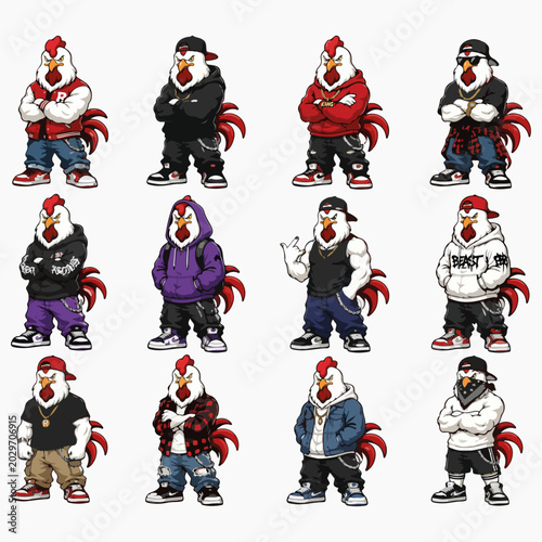 Bild auf Leinwand Funny Muscular Rooster Cartoon Bundle  Bodybuilder Chicken Mascot Illustration Set