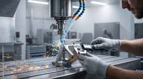 CNC milling machine carving precise titanium aerospace brackets, blue coolant spraying in arcs across spinning aluminum stock, sparks skimmi 3