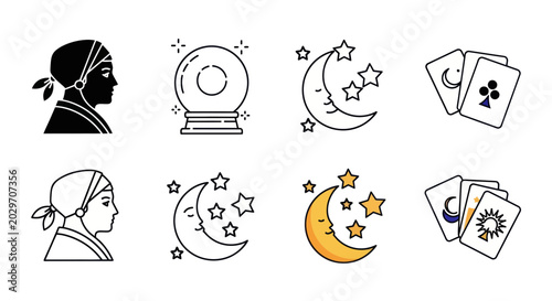 Bild auf Leinwand Fortune Telling Icons: Fortune Teller, Crystal Ball, Moon, Stars, Tarot Cards