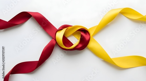 Red and yellow ribbons tied in a knot isolated on white background