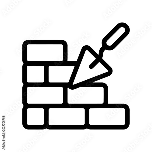 Brick wall construction icon with a trowel, professional masonry tool for building and renovation projects, vector illustration