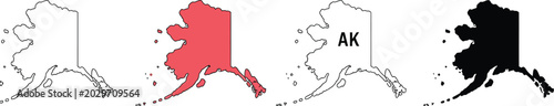 Four Alaska state outlines one solid black one red one with A K text Alaska outline state shape