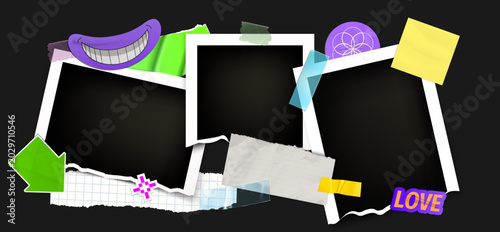 Vintage instant photo frames and scrapbook elements, y2k collage isolated on black background. Vector realistic illustration of nostalgic memory album design with wrinkled stickers, arrow