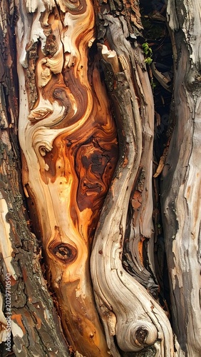A close-up of a twisted tree trunk with intricate patterns