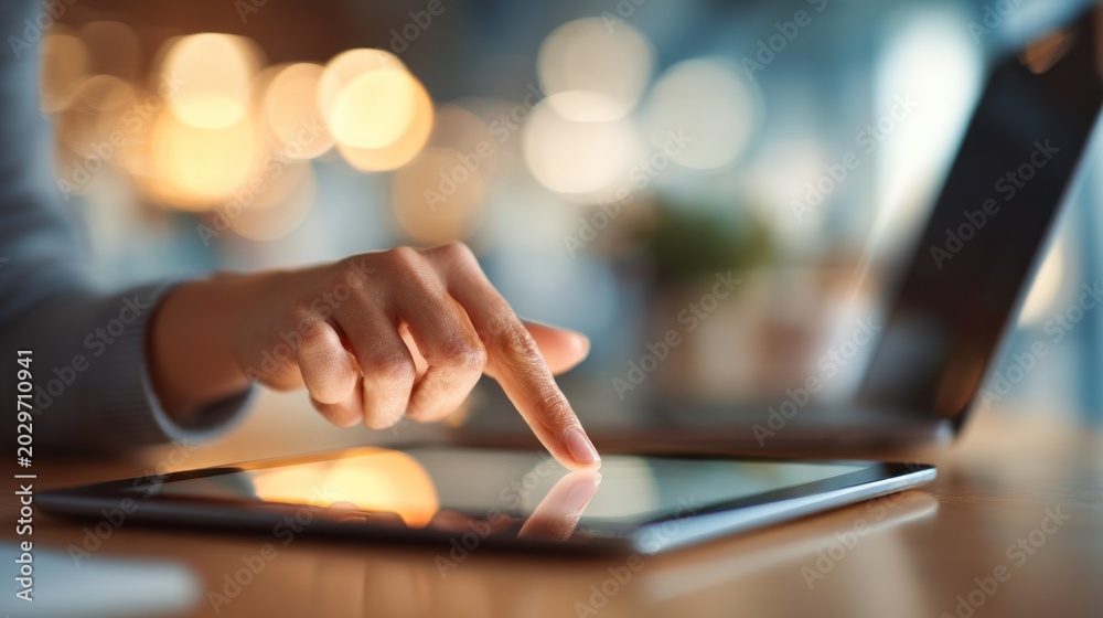 Obraz premium Woman using tablet near laptop computer