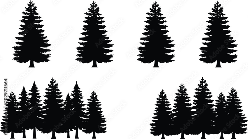 Obraz premium Evergreen tree silhouettes in solitary and clustered forest formations for nature, landscape, and design illustration projects