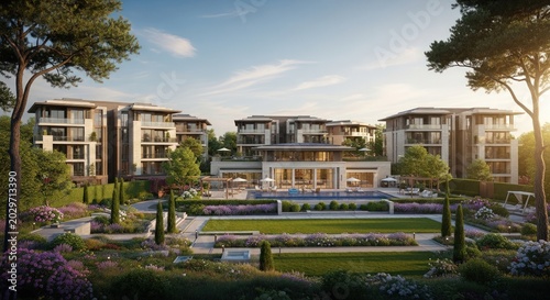 Luxury residential resort complex with landscaped gardens and swimming pool.
