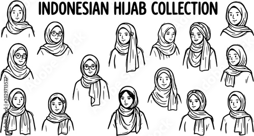 Indonesian Hijab Collection - Diverse Women in Black and White Line Art