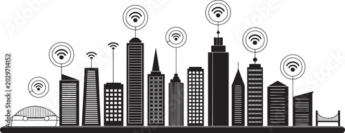 Photos city concept with connected buildings and wireless signals illustration and sign