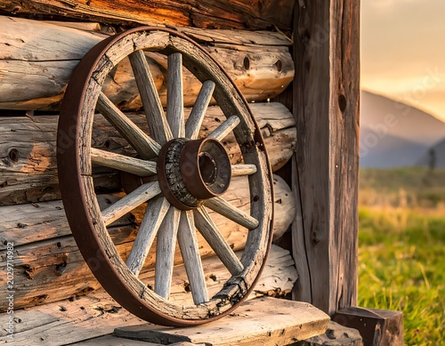 old wooden wagon wheel on cabin.
