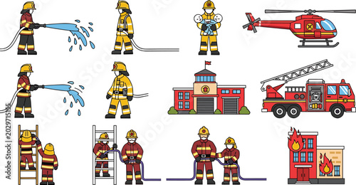 Tableau sur toile Firefighter Rescue Equipment and Fire Department Vector Icon Set with Fire Engin