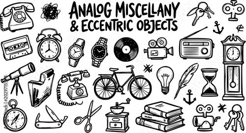 Schilderij op canvas Black and White Line Art of Analog Miscellany and Eccentric Objects, vintage col