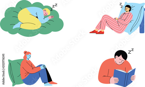 Fotografie People Sleeping and Feeling Drowsy Vector Character Set with Men and Women Nappi