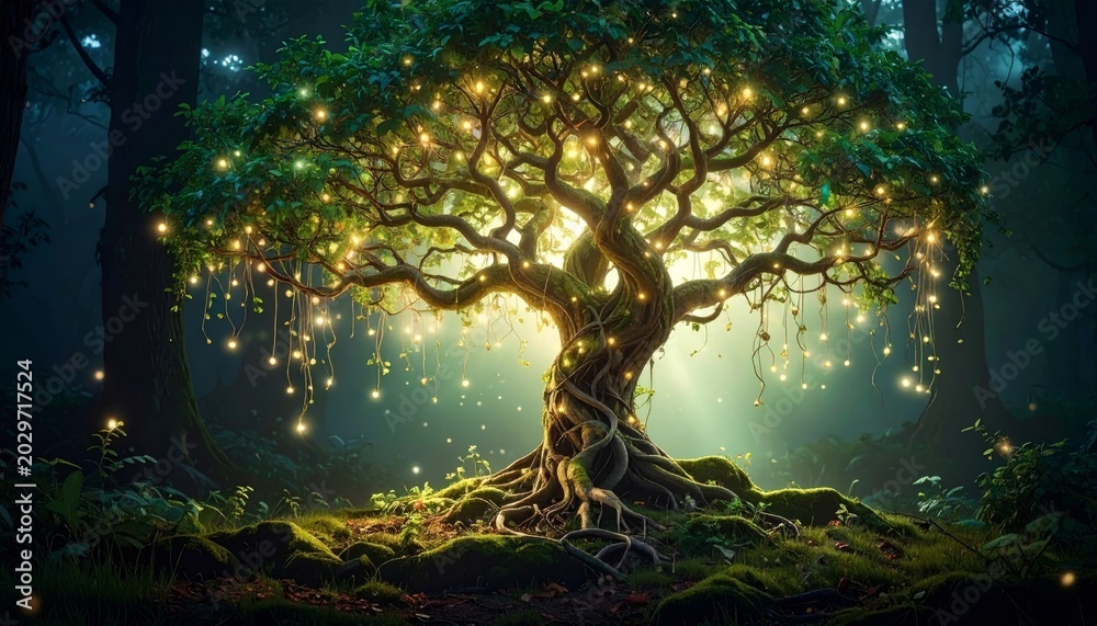 Fototapeta premium Enchanted Tree With Glowing Lights In Mystical Forest