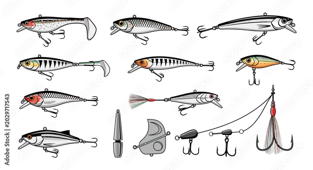 Obraz premium Various fishing lures and baits including crankbaits, spoons, and soft plastics for angling enthusiasts and professional fishermen.