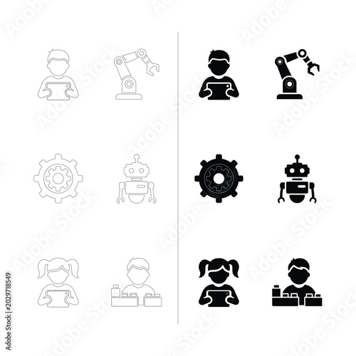 STEM Robotics Education Icon Set Outline and Silhouette Vector Pack
