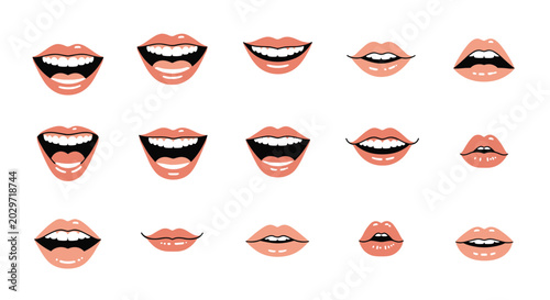 Detailed collection of fifteen female mouth illustrations showcases various lip shapes, smiles, and facial expressions with glossy pink tones.