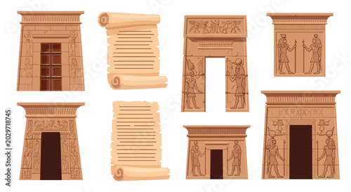 Ancient Egyptian architectural set includes illustrations of temple entrances, hieroglyphic carvings, and traditional papyrus scrolls.