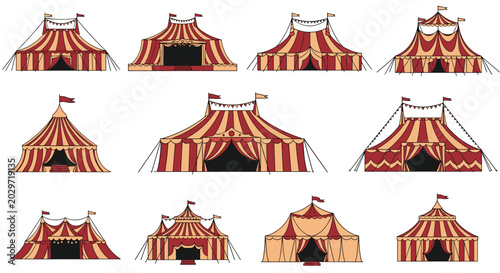Collection of twelve different vintage style red and yellow striped circus tents for carnival, fairground, and festival designs.