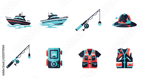 Set of fishing icons including boats, fishing rods, a depth finder, and safety vests in a consistent blue and red color palette.
