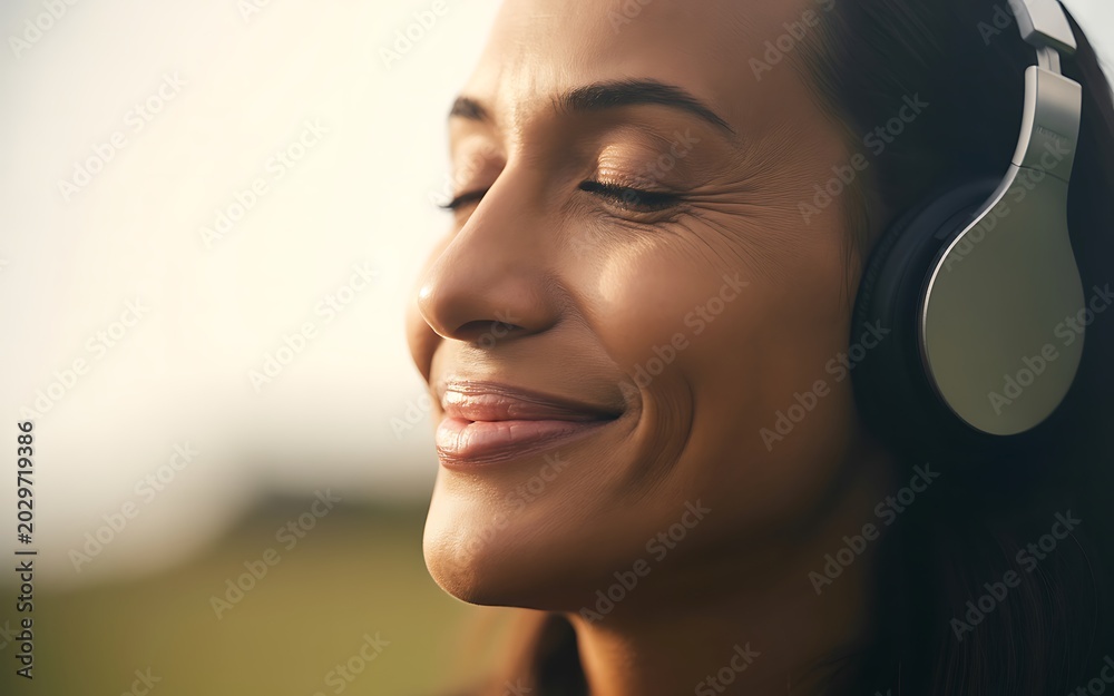 Fototapeta premium Serene woman with headphones listening to music outdoors enjoying pleasant sounds.