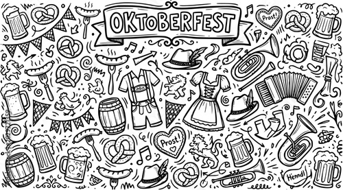 Oktoberfest German Festival Black and White Line Art Doodle Illustration with Beer, Pretzels, Dirndl, Lederhosen, Sausages, and Traditional Musical Instruments