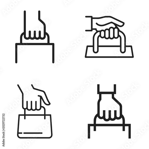 Konstfotografi Set of four hand holding bag icons in thin line style for shopping and luggage t